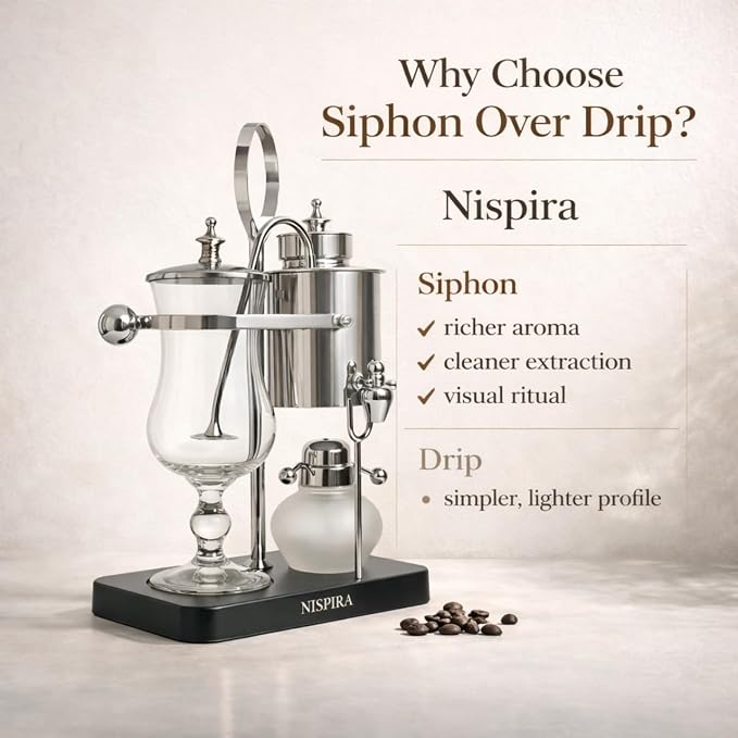 Nispira Belgian Balance Syphon Vacuum Coffee Maker, 500 ml Vintage Gravity Brewing System, Silver Finish, Manual Tabletop Coffee Brewer
