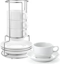 8 oz Porcelain Cappuccino Cups with Saucers and Metal Stand, Stackable Coffee Cups for Latte, Americano, Tea – Set of 4, White