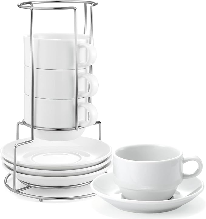 8 oz Porcelain Cappuccino Cups with Saucers and Metal Stand, Stackable Coffee Cups for Latte, Americano, Tea – Set of 4, White