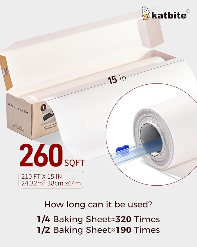 Katbite Heavy Duty Parchment Paper Roll for Baking, 15 in x 210 ft, 260 Sq.Ft Baking Paper with Slide Cutter, Easy to Cut & Non-stick Cooking Paper for Bread, Cookies, Air Fryer, Steaming, Grilling