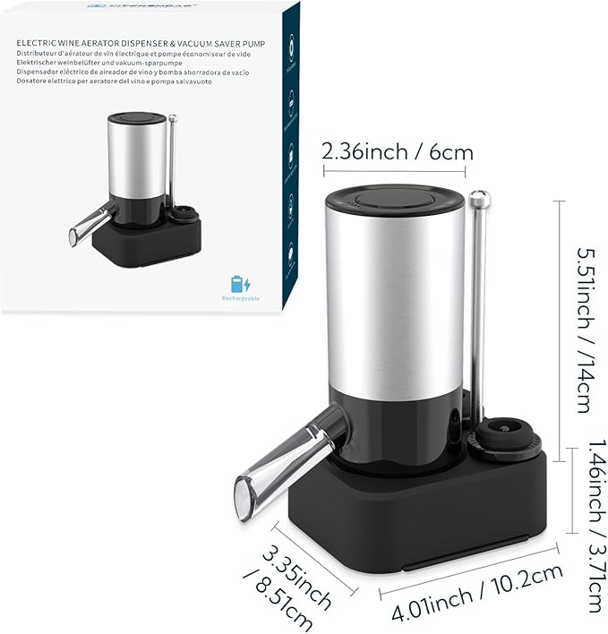 KITCHENDAO Rechargeable Electric Wine Aerator Dispenser and Wine Saver Pump, Automatic Wine Pourer with USB-C Cable, Storage Base and 2 Stoppers, Built-in Sound Indicator,Gift for Valentine's Day