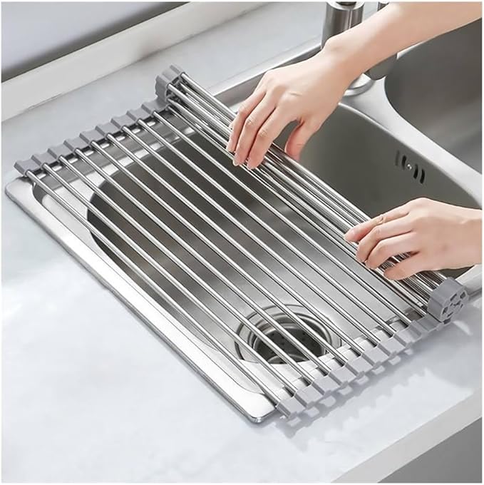 37-47 CM Roll Up Dish Drying Rack Over The Sink Portable Stainless Still Rolling Rack Folding Mat, Sink Cover Multipurpose Organizer Collapsible Dish Drainer(Gray,47x35cm/18.5x13.8in)