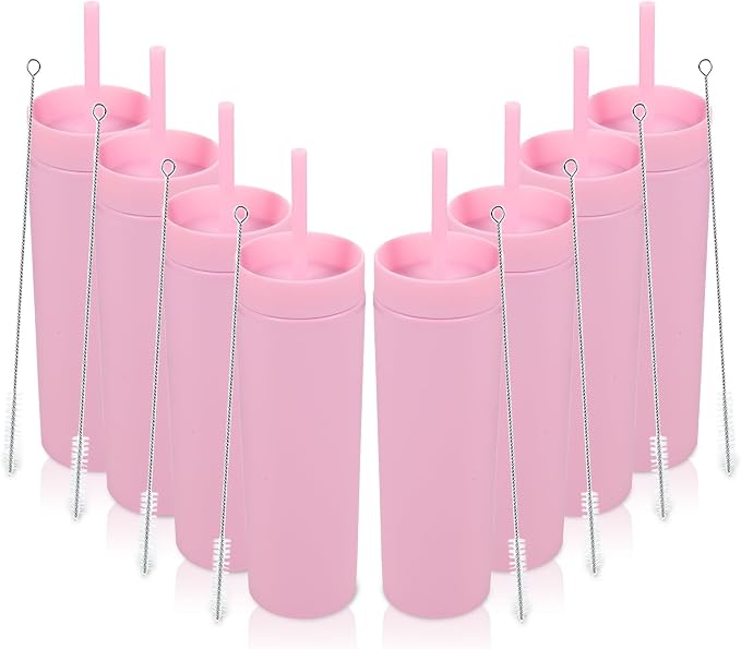 Volhoply 16oz Plastic Skinny Tumbler with Lid and Straw Bulk 8 Pack,Insulated Double Wall BPA Free Matte Acrylic Tumblers,Iced Coffee Travel Mug Reusable Party Cup,Customizable Diy Gifts(Pink,8 Set)