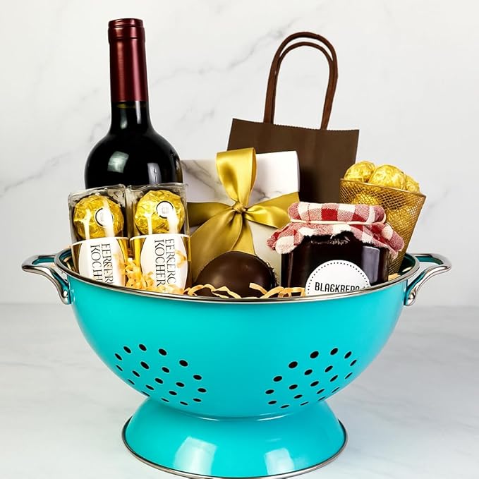 Reston Lloyd Calypso Basics Extra Large Enameled Colander with Solid Base, Strainer Basket with Handles, for Pasta, Berries, Vegetables, Fruit, 7 Quart, Turquoise ( 224oz/ 6.6 L)