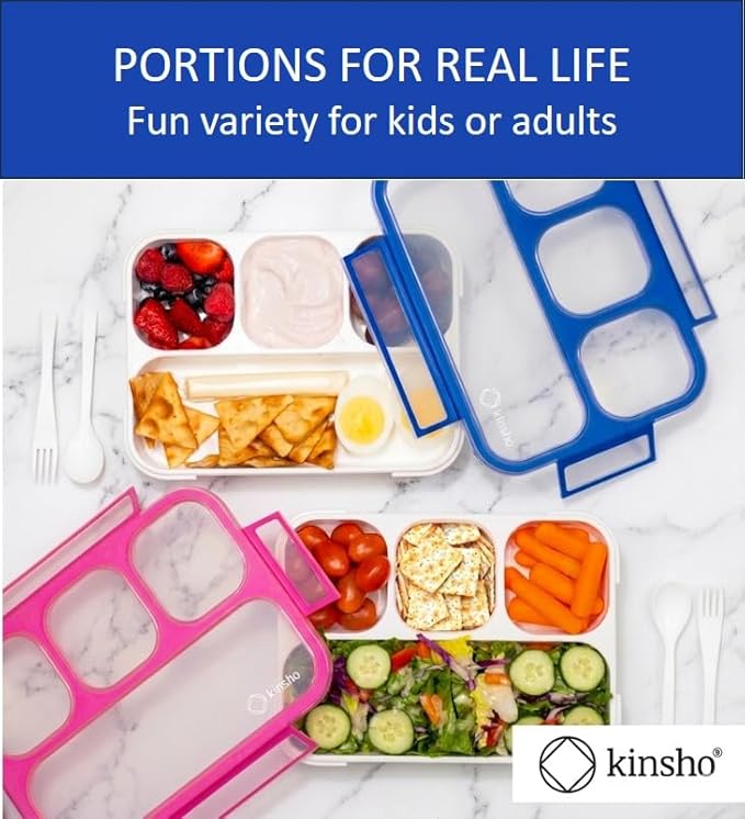 kinsho Bento Lunch Box for Kids Adults, 4 Sealed Divided Compartments, Portion Control Meal or Snack Containers for Boys Girls Women Men, School Work BPA Free with Utensils, Blue + Rose Pink 2 Pack