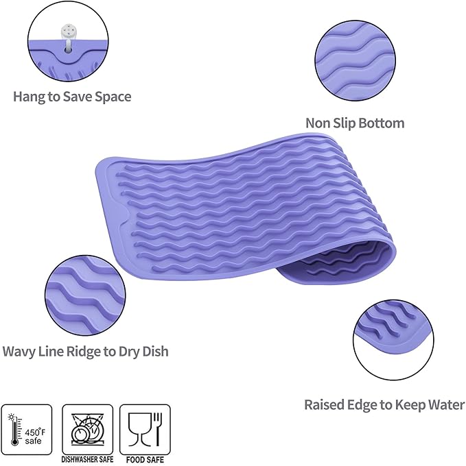 MicoYang Silicone Dish Drying Mat for Multiple Usage,Easy clean,Eco-friendly,Heat-resistant Silicone Mat for Kitchen Counter,Sink,Bar,Bottle,or Cup Light Purple M 17 inches x 6 inches