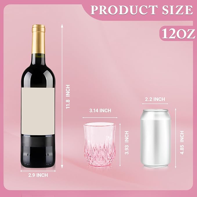 40 Pack Plastic Stemless Wine Glasses,12oz Unbreakable Vintage Elegant Drinking Glass Set,Reusable Fancy Cocktail Cups for Party, Wedding, and Bulk Events (40, 12oz-Pink)