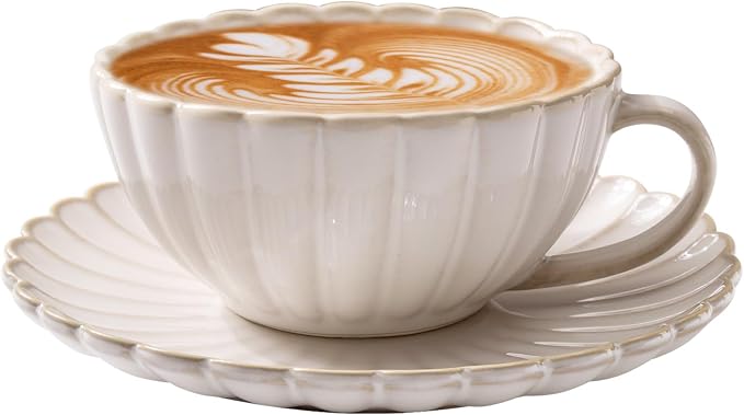 Vintage Porcelain Coffee Cup and Saucer Set, 12 OZ Ceramic Latte Mug - Farmhouse Cappuccino Cups for Espresso and Turkish Coffee, Artisan Tea Cups, Great Barista Gift for Home Cafe