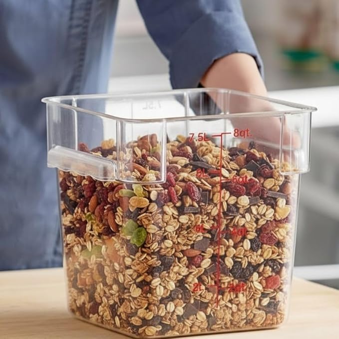 Soro Essentials- 8 qt. Polycarbonate Square Food Storage Container with Graduated Markings Clear Color- Stackable Storage Bin Plastic Food Container with Handle for Pantry Organizer Storage Kitchen