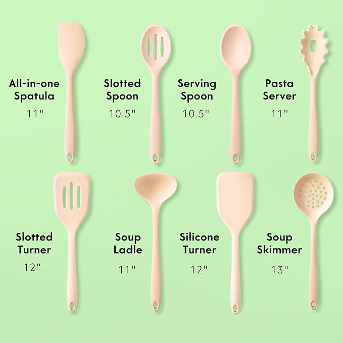 NonToxic Platinum Silicone Utensils, 100% Plastic-Free, 8-Pcs, Beige | LFGB-certified platinum silicone. Solid steel core, no hidden plastics. 500°F heat resistant. Non-scratch. Dishwasher safe