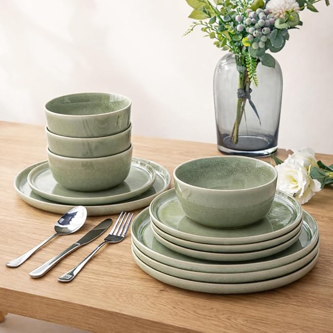 AmorArc Stoneware Dinnerware Sets for 4,Round Reactive Glaze Ceramic Plates and Bowls Set,Highly Scrath Resistant | Dishwasher & Microwave Safe Dishes Set,Service for 4 (12pc)