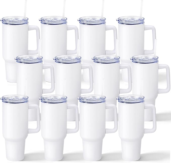 YOUKE OLA 12 Pack Sublimation Tumblers 40oz with Handle Blanks Stainless Steel Insulated Large Tumbler Bulk Coffee Travel Cups for Tumbler Heat Press Sublimation Oven Printing, White