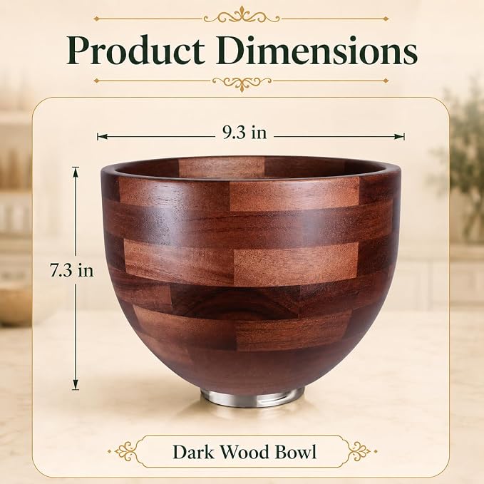 Premium Wood Mixing Bowl, Compatible with 4.5 & 5 QT KitchenAid Tilt-Head Stand Mixer. Natural Wooden Bowls, Kitchenaid Mixer Bowl with Stainless Steel Locking Base.4.5-5 Qt,Kitchen Gift Idea