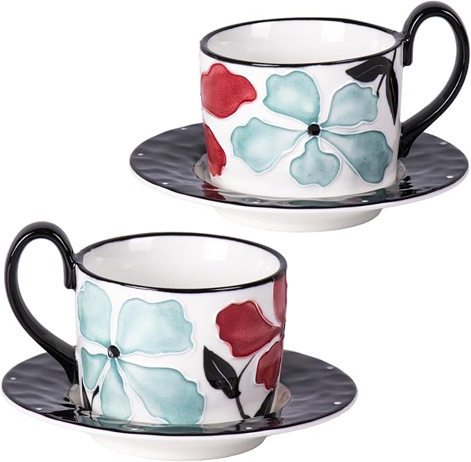 KAMMAK Tea Cups and Saucers Set of 2, Porcelain Coffee Cups, 8.5-Ounce Stackable Espresso Mugs, Ceramic Demitasse for Coffee, Latte, Americano, GX21