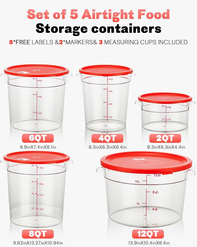 2QT NSF Round Food Storage Containers with Lids: 4 PCS [Total Food Grade][Hot&Cold Resistant] Dough Proofing Container for Pizza, Bread with Measuring Spoons Included(BPA FREE) (RED)