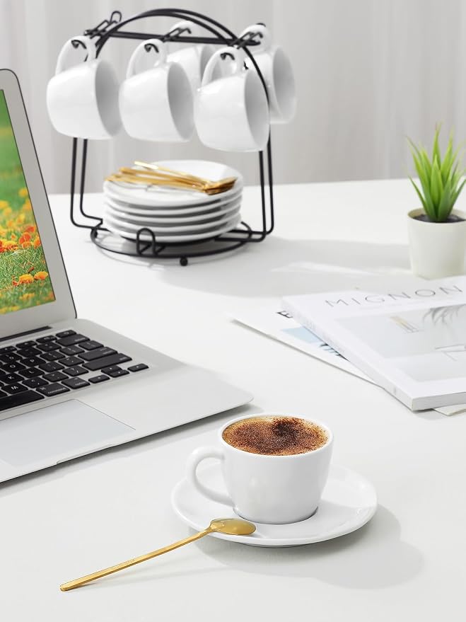 4 oz Espresso Cups with Saucers and Metal Stand, Spoons, Porcelain Stackable Coffee Cups, Demitasse Cups, Perfect for Single or Double Espresso, Cappuccino, Latte and Tea - Set of 6, White