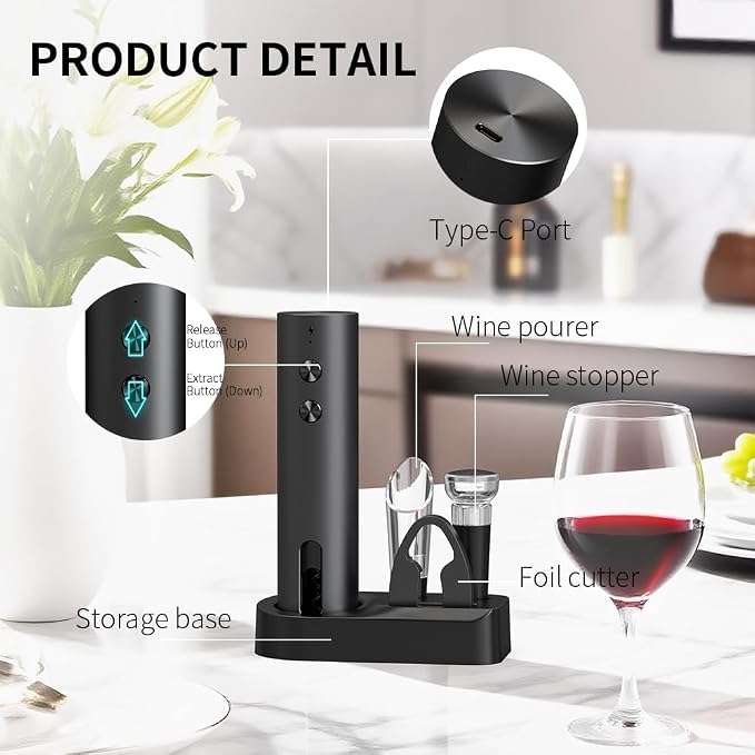 Electric Wine Opener Set Rechargeable with Base, 5-in-1 Wine Bottle Opener Electric Kit Includes Wine Aerator, Foil Cutter & Vacuum Stopper, Automatic Wine Opener for Home, Camping & Gifts