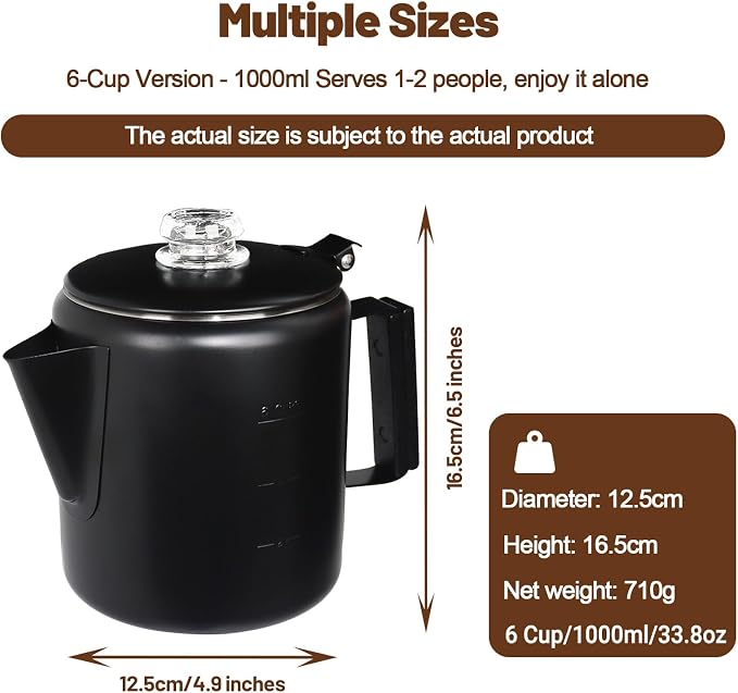 6 Cup Percolator 304 Stainless Steel Coffee Pot Coffee Maker Coffee Machine with Solid Wood Handle Transparent Knob Stovetop Greca Mocha for Induction Home and Camping 1000ml 33.8oz Black