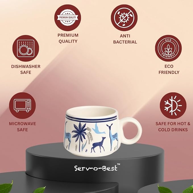 Servo Best Handmade Cermaic Tea Cup Set of 4-5 Oz Small Cups for Espresso, Cappuccino, Tea, Chai – Dishwasher & Microwave Safe – Gift Set for Coffee Lovers, Kitchen, Home, Office - Blue Jungle