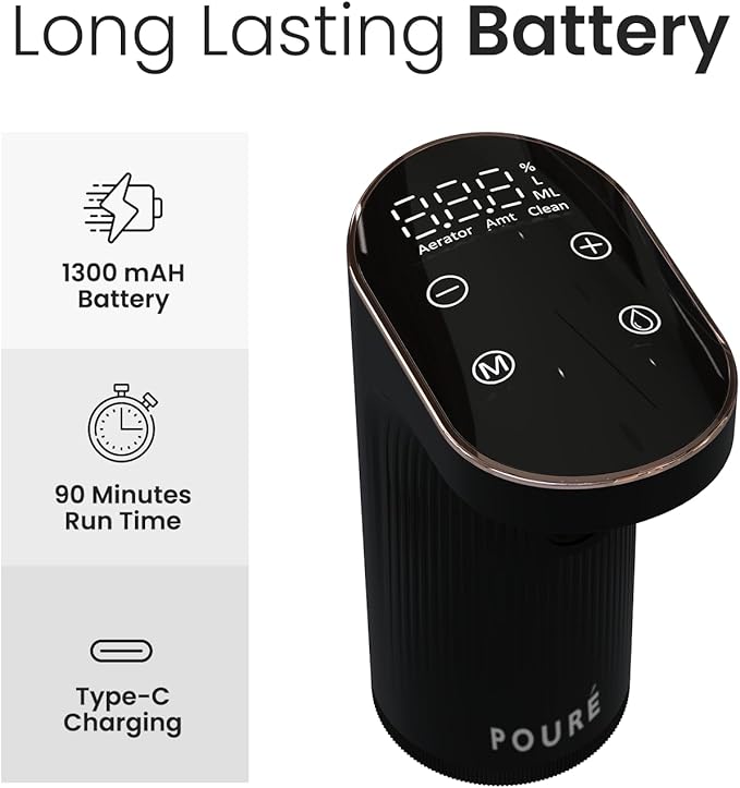 Electric Liquor Dispenser with Wine Aerator - Adjustable Alcohol Output 1-999mL - Smart Whiskey Pourer Pump - Long Battery Life - LED Touch Screen - Birthday Gift for Men Women (Black)