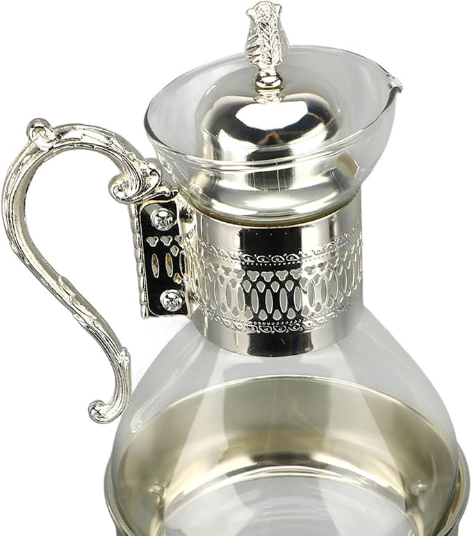 Glass Tea Pot with Warmer, 50 oz Vintage Espresso Kettle Heated Glass Coffee Pot with Handle, Heat Resistant Turkish Coffee Pitcher Teapot for Home Office Cafe Use (Silver)