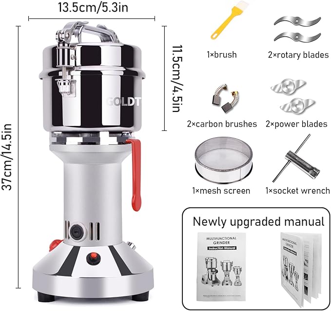 Goldtouch 550g Grain Mill Grinder 2000W Electric Stainless Steel Grain Grinder High-Speed Pulverizer Powder Machine for Dry Wheat, Oats, Corn, Pepper and Coffee Beans (550g Stand Type)