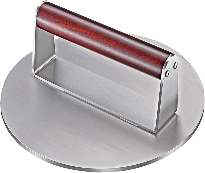 Heavy Duty 2.5 lb Stainless Steel Burger Press – 8.5 Inch Smash Burger Press Hamburger & Bacon Press for Steak, Meat, Flat Top Grill & BBQ, Polished Smooth Base Hamburger Smasher with Wooden Handle