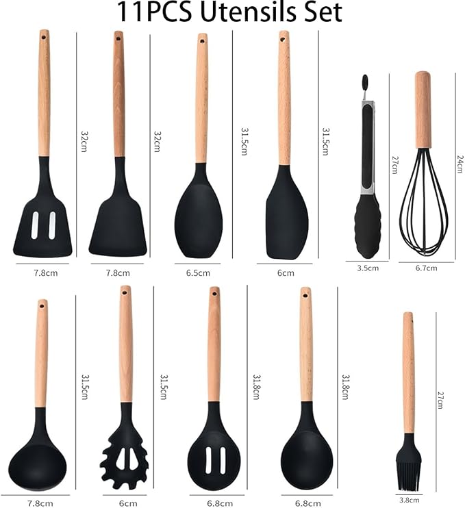 19 Pieces Kitchen Utensil and Knife Set with Storage, with 11 Piece Silicone Cooking Utensils Set 5 ieces Sharp Stainless Steel Chef Knives Scissors Whisk Tongs and Cutting Board, Black
