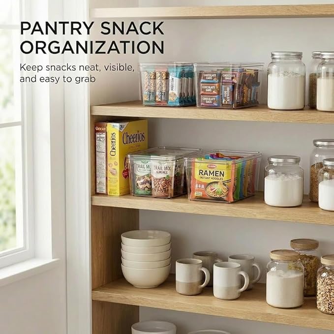 MOONEDGE Small Clear Plastic Storage Bins with Lids and Handles,Stackable Small Item Organizer Containers for Vanity,Craft,Office,Fridge,Kitchen,Pantry,Bathroom,Closet - 4 Pack (10×6×5 in)