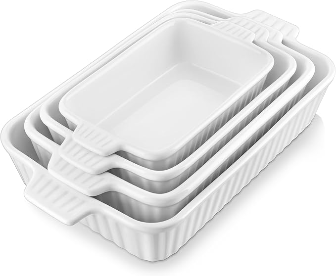 MALACASA Casserole Dishes for Oven, Porcelain Baking Dishes, Ceramic Bakeware Sets of 4, Rectangular Lasagna Pans with Handles for Baking Cake Kitchen, White (9.4"/11.1"/12.2"/14.7")