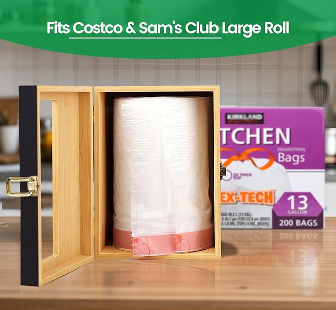Libreshine Extra Large Black Bamboo Trash Bag Organizer Roll Holder, Fits Costco & Sam's Club Jumbo Rolls, Under-Sink, Cabinet & Wall Mount Dispenser, Garbage Bag Storage for Kitchen, Pantry, Garage