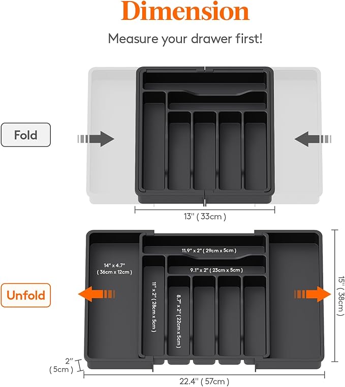 Lifewit Silverware Drawer Organizer, Expandable Utensil Organizer for Kitchen Drawers, Adjustable Cutlery and Flatware Tray, Plastic Spoons Forks Knives Holder Storage Dividers, Large, Black