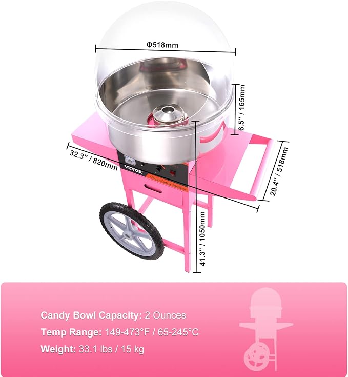 VEVOR Electric Cotton Candy Machine Cart with Cover, Commercial Floss Maker w/Stainless Steel Bowl, Sugar Scoop and Drawer, Perfect for Home, Carnival, Kids Birthday, Family Party, Pink