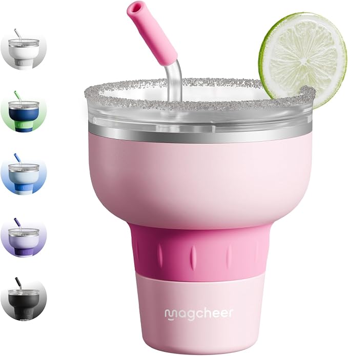 16 oz Cocktail Tumbler with Lid and Straw - Stainless Steel Insulated Margarita Tumbler - 320° Sippable Stemless Wine Cup for Party | Pink