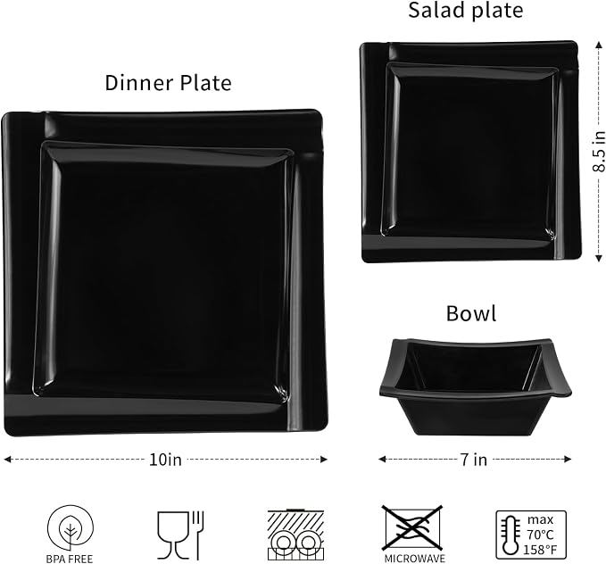 Square Melamine Dinnerware Sets of 12 Pcs,Square Plates and Bowls Sets,Unbreakable Dish Set for 4,Lightweight, Dishwasher Safe and BPA Free,Suit for RV,Camping（Black）