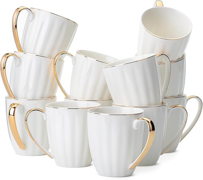 BTaT- White Coffee Mugs with Gold Rim, Set of 12, 12oz, Porcelain Coffee Mugs for Coffee Mug Set