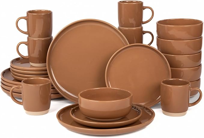 OTAGO 24-Piece Brown Stoneware Dinnerware Set for 6 with Mugs, Plates and Bowls Sets with Partially Unglazed Base, Scratch Resistant Ceramic Dish Set, Microwave & Dishwasher Safe for Kitchen