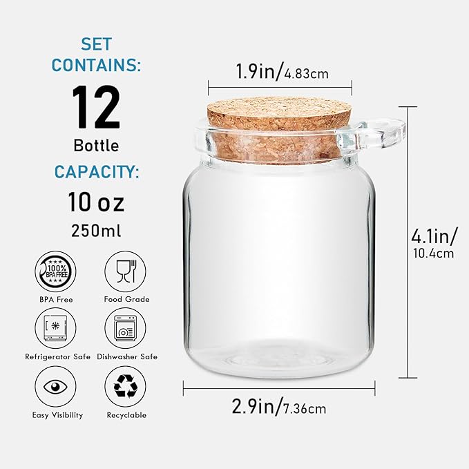 YEBODA 10oz Small Glass Storage Jars with Cork Lids and Spoons 12 Pack + 8oz Clear Glass Olive Oil Dispenser Bottles 6 Pack
