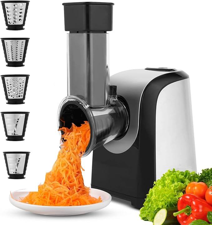 Electric Cheese Grater, 5 in 1 Professional Rotary Cheese Grater Vegetable Slicer, Electric Salad Shooter Spiralizer for Veggies, Grated Carrots, Salad, Broccoli Slaw, Cheeses, Fruits, 150W