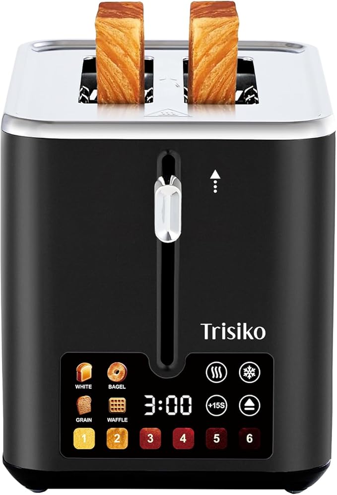 Trisiko® Touch Screen Toaster 2 Slice, Stainless Steel Smart Toaster with Digital Timer, 1.38" Extra-Wide Slots for Bread& Bagel, Great for Home, Office,Dorm (Black)
