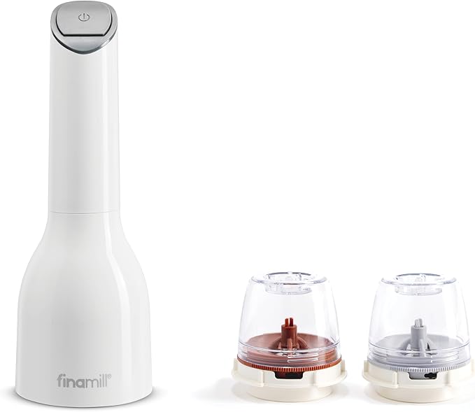 FinaMill Classic Battery Spice Mill – Battery Operated Salt and Pepper Grinder Set, Includes 2 Interchangeable Spice Pods, Adjustable Coarseness, Ceramic Grinder, LED Light, Home and Kitchen Gift Set