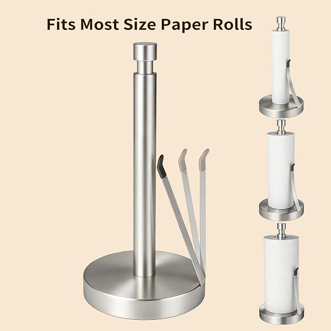 YUMORE Heavy Duty Stainless Steel Paper Towel Holder – Easy One-Handed Tear, Weighted Base Non-Slip, Tension Arm Prevents Unraveling, Countertop Paper Stand for Kitchen, Fits Most Size Rolls (Silver)