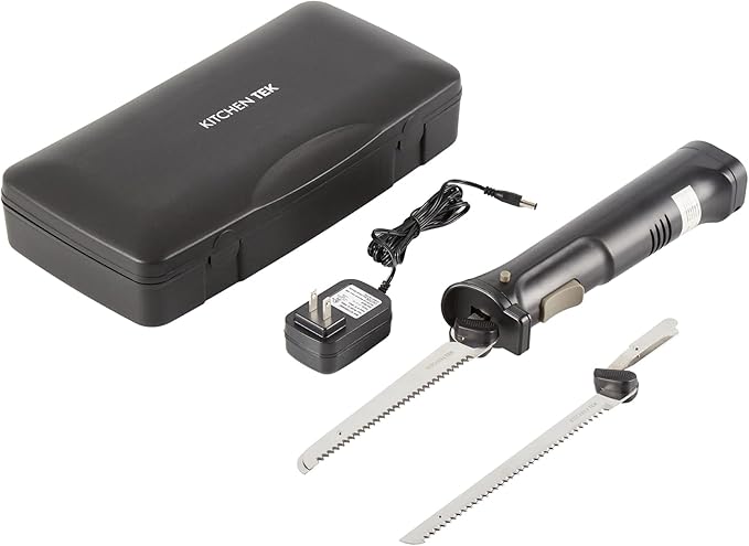 Restaurantware-Kitchen Tek Electric Knife Set, 1 Electric Knife With Motorized Handle - Includes 1 Bread and 1 Carving Tool, 1 Case, Black Plastic Food Cutter With Stainless Steel Blades