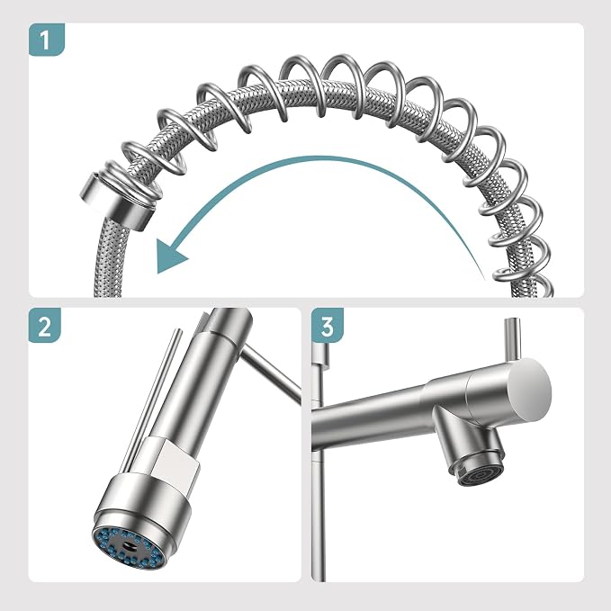 FEELSO Kitchen Faucet with Pull Down Sprayer, Single Handle Stainless Steel Pull Out Spring Kitchen Sink Faucets 1 Or 3 Hole Dual Function for Farmhouse Camper Laundry Utility Rv Wet Bar
