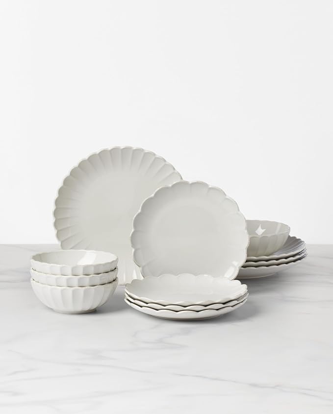 Lenox Stoneware Dinnerware Sets, French Perle Scallop White 12-Piece Dinnerware Set for 4, Service For 4, Dishwasher Safe Dishware, Dishes Set, Stoneware Dinner Plates and Bowls Sets (White, 12 Piece)