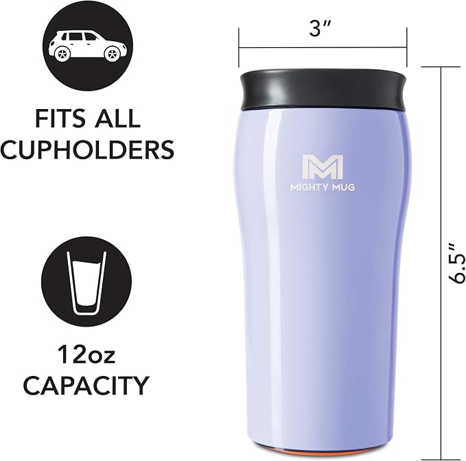 Mighty Mug | The Untippable Mug | Grips When Hit, Lifts for Sips | Insulated Stainless Steel Tumbler | Cupholder Friendly | Gifts for Women Men All | Leakproof | 4 Hours Hot /24 Cold | 12oz | Lavender