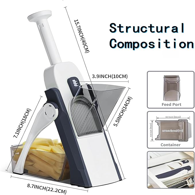 Adjustable Mandoline Slicer & Vegetable Chopper - Professional Kitchen Food Slicer, Multifunctional Potato Cutter, French Fry & Salad Chopper with 5 Blades (Blue)
