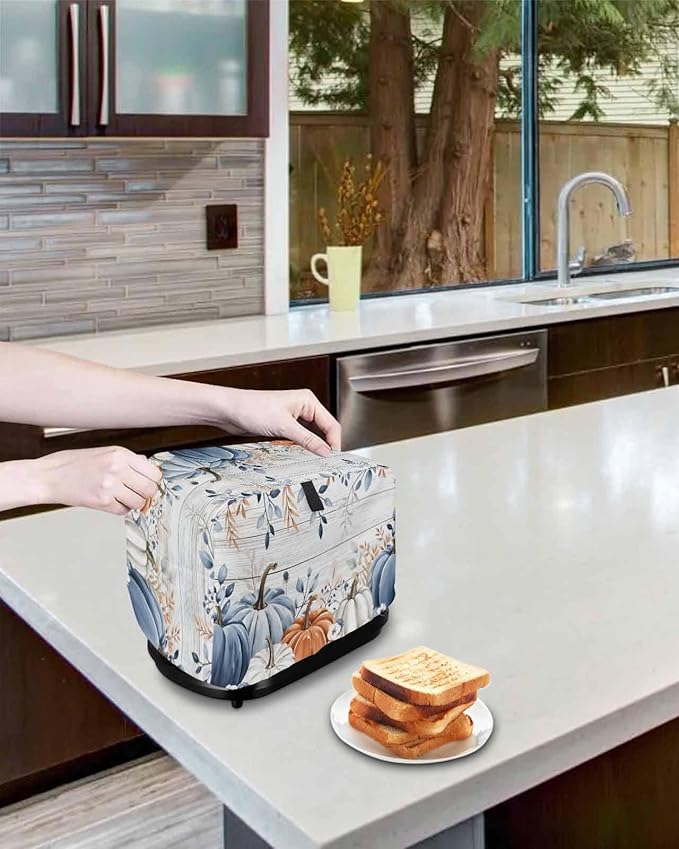 Blue Pumpkins Fall Toaster Cover 4 Slice, Thanksgiving Eucalyptus Leaves Dustproof Bakeware Oven Protector with Hook, Rustic Wooden Waterproof Small Kitchen Appliance Toasters Dust Cover, 12"x11"x8"