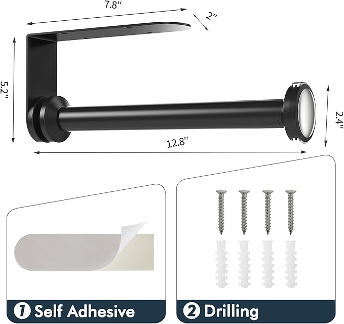 theaoo Under Cabinet Paper Towel Holder for Kitchen, Easy One-Handed Tear, Quick Release Knob for Easy Roll Loading, Wall-Mounted Dispenser, Self-Adhesive or Drill Mounting, Black Stainless Steel