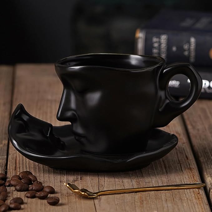 Human Face Ceramic Coffee Mug, 8.8oz/260ml Kissing Coffee Cup with Saucer Coffee Spoon, Tea Cup Milk Latte Espresso Cappuccino Juice Beverage Iced Tea Water Cups Drinkware (Black)